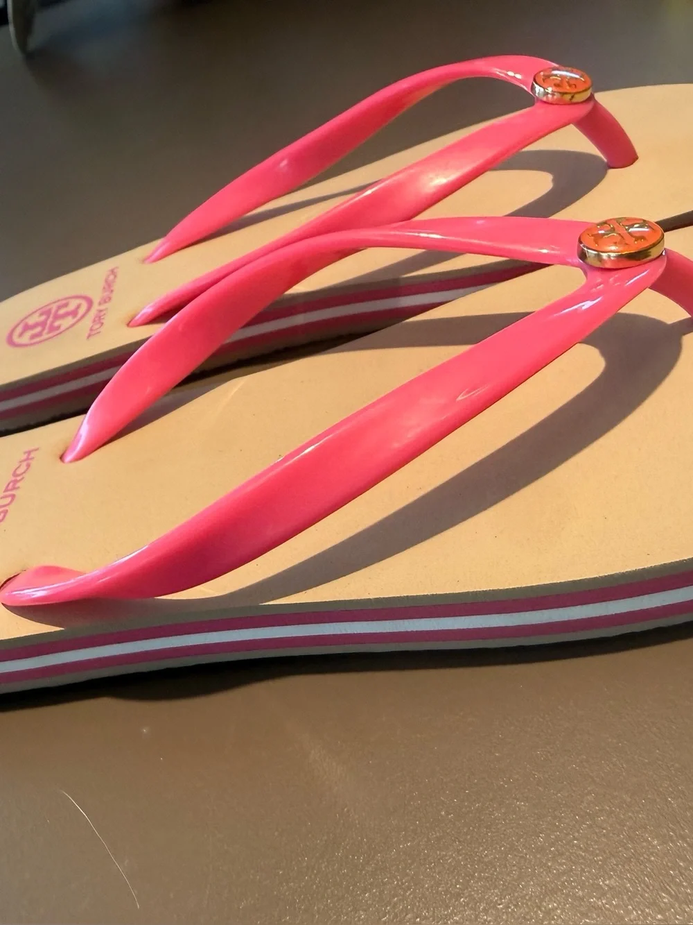 Tory Burch Eva Pink Tan Stripe side Logo Flip Flop Sandals Size 5-6